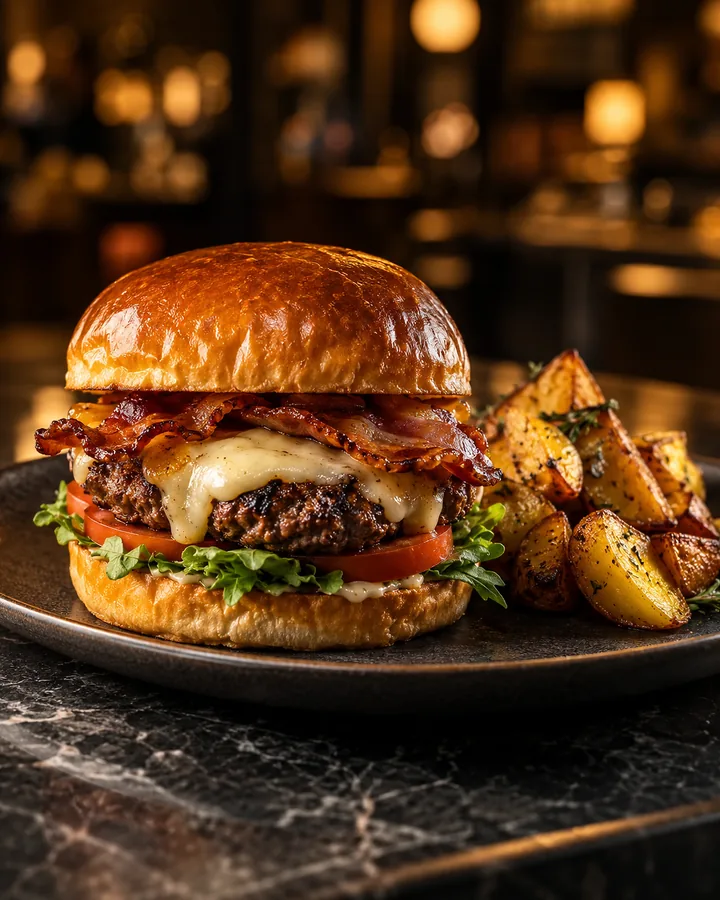 Un burger con patate su un tavolo in pietra